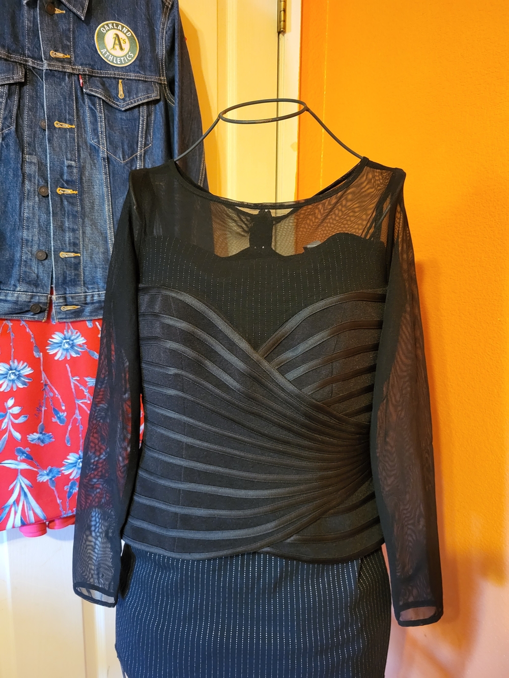 JS Collections Black Mesh Long-Sleeve Evening Top